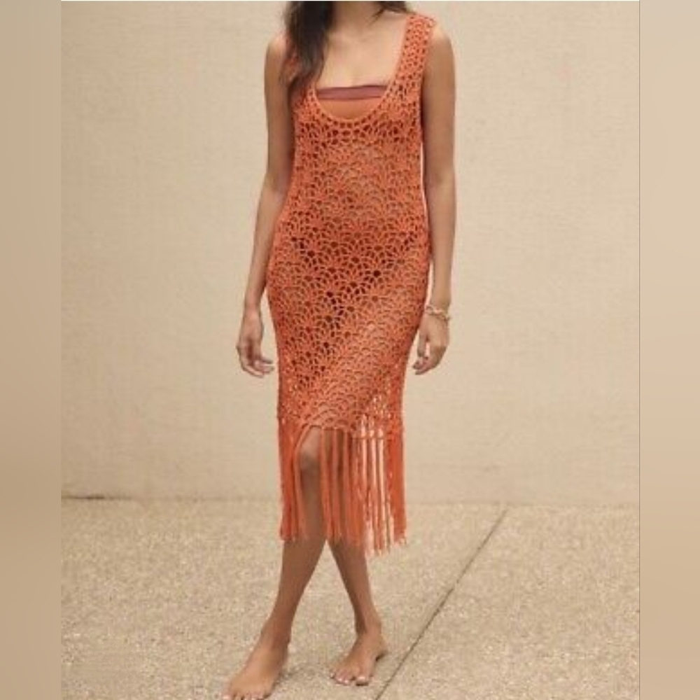 Blue Tassel Anthropologie Crochet Fringe Tank Tunic Coverup Dress, Tangerine, OS